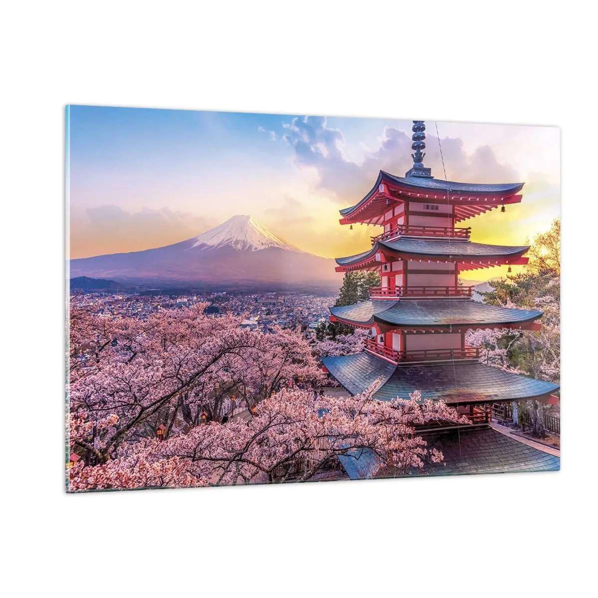 Glasbild - Bild auf glas - Eine Pagode in einer japanischen Landschaft mit Blick auf den Berg Fuji und blühende Bäume - 120x80cm - Die Essenz des japanischen Geistes - Moderne Wanddekoration für Wohnzimmer und Schlafzimmer ARTTOR