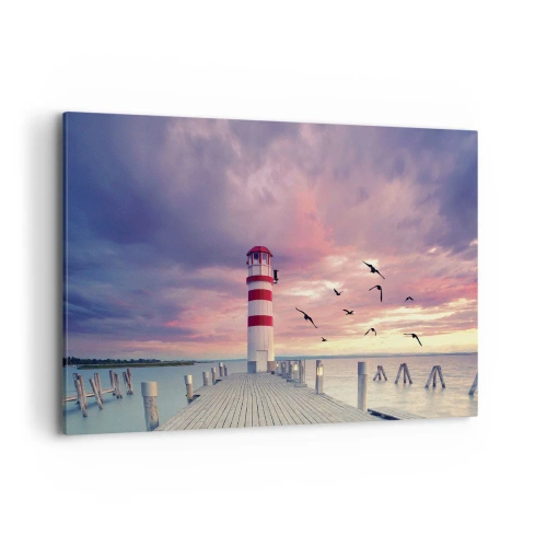 Bild auf Leinwand - Leinwandbild - Ein Leuchtturm auf dem Pier, umgeben von einem malerischen Sonnenuntergang - 120x80cm - Es ist Zeit zum Hafen zu gehen - Moderne Wanddekoration für Wohnzimmer und Schlafzimmer ARTTOR