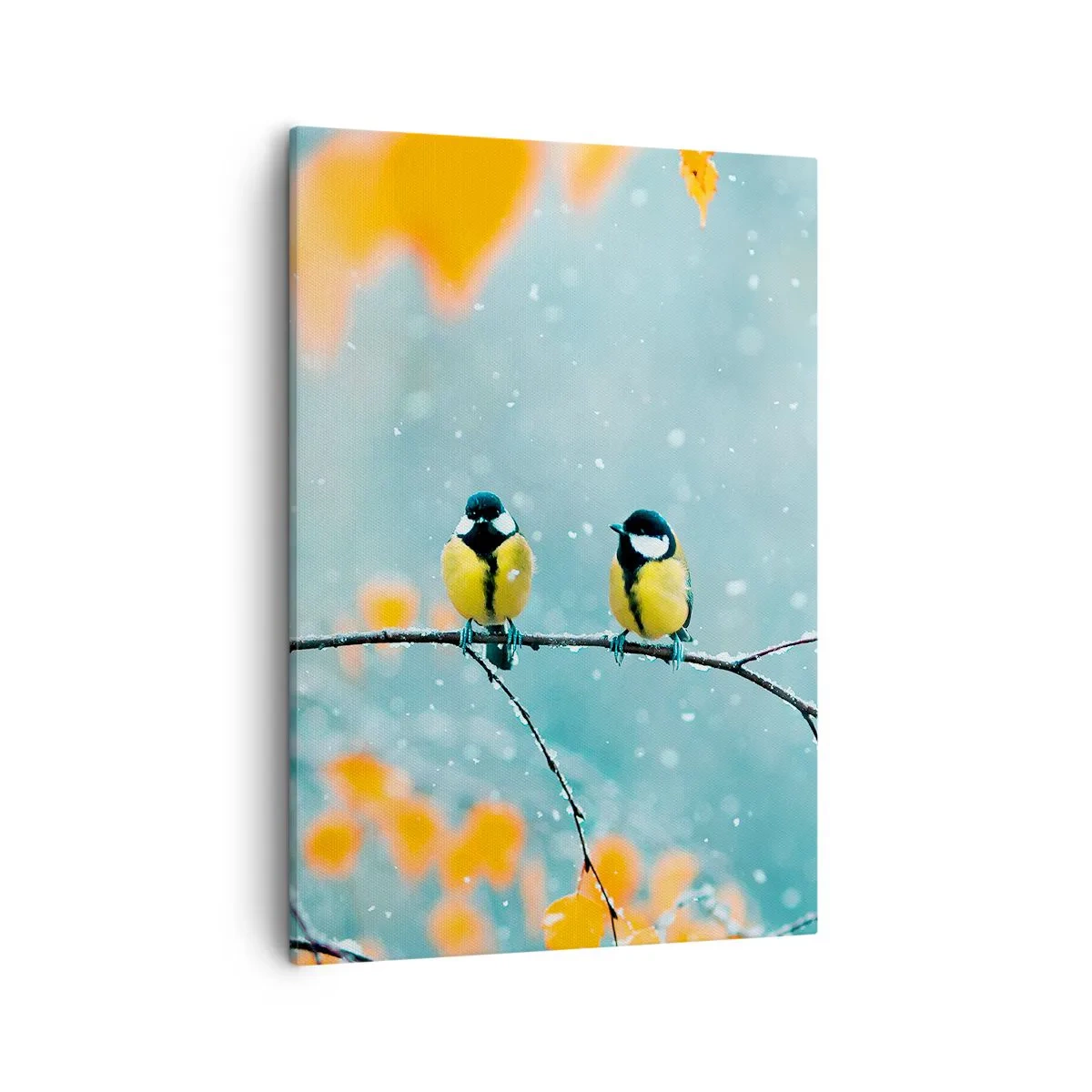 Bild auf Leinwand - Leinwandbild - Zwei Vögel auf einem Ast in einer Winterlandschaft mit gelben Blättern. - 50x70cm - Vogelklatsch - Moderne Wanddekoration für Wohnzimmer und Schlafzimmer ARTTOR