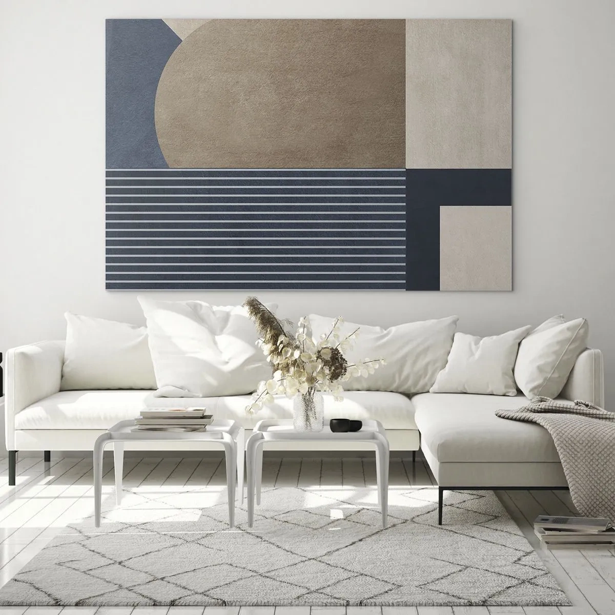 Glasbild - Bild auf glas - Eine minimalistische Form mit einem Kreis und Linien in Beige - 70x50cm - Komposition aus Einfachheit und Rundheit - Moderne Wanddekoration für Wohnzimmer und Schlafzimmer ARTTOR