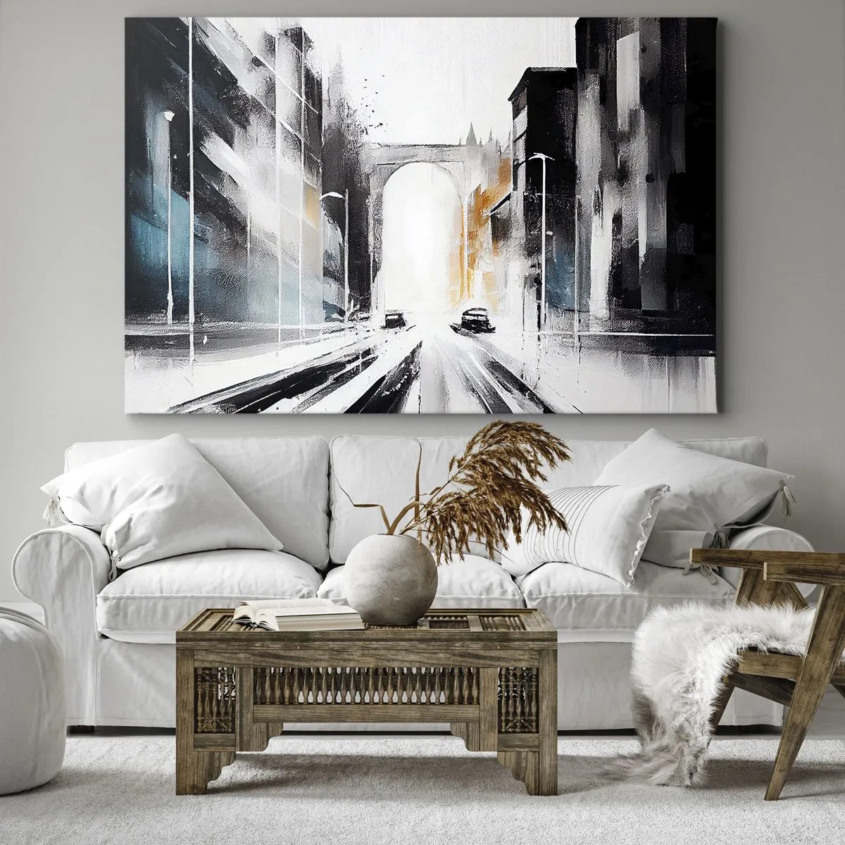 Bild auf Leinwand - Leinwandbild - Abstraktes Stadtpanorama mit einer Bogenbrücke - 70x50cm - Stadtstudie: Architektur und Bewegung - Moderne Wanddekoration für Wohnzimmer und Schlafzimmer ARTTOR