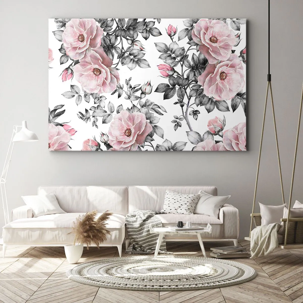 Bild auf Leinwand - Leinwandbild - Rosa Rosen und Blätter auf einem zarten schwarz-weißen Hintergrund - 100x70cm - Verliere dich in den Blüten der Rosen - Moderne Wanddekoration für Wohnzimmer und Schlafzimmer ARTTOR