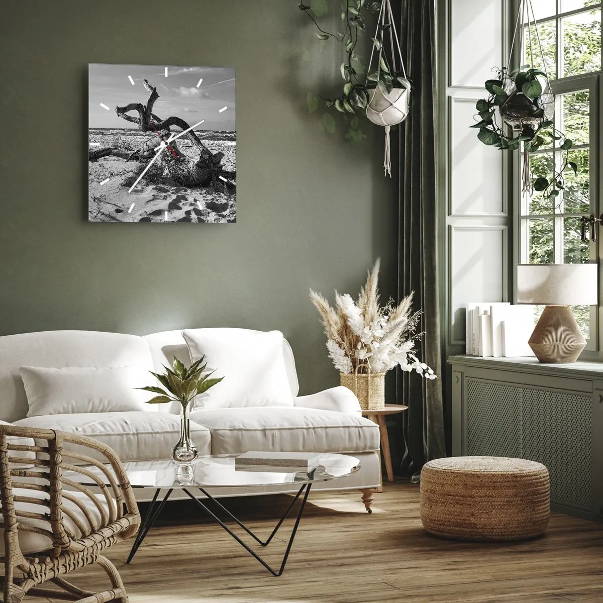 Wanduhr - Glasuhr - Schwarz-weiße Landschaft mit einem toten Baum am Strand - 30x30cm - Meeresskulptur - Moderne Wanddekoration für Wohnzimmer und Schlafzimmer ARTTOR