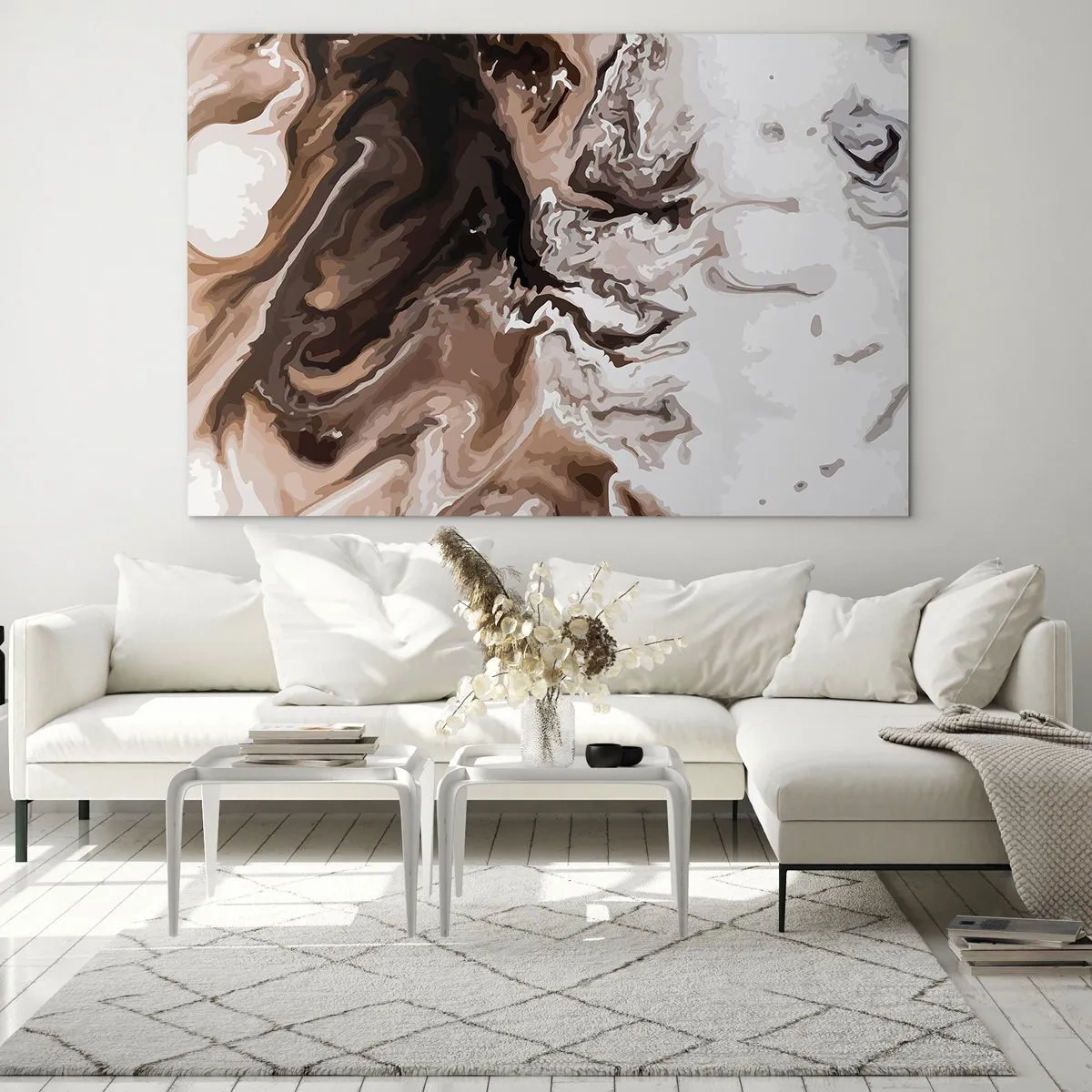 Glasbild - Bild auf glas - Abstraktes Muster in dunklen Braun- und Weißtönen - 70x50cm - Farbkontrast - Moderne Wanddekoration für Wohnzimmer und Schlafzimmer ARTTOR