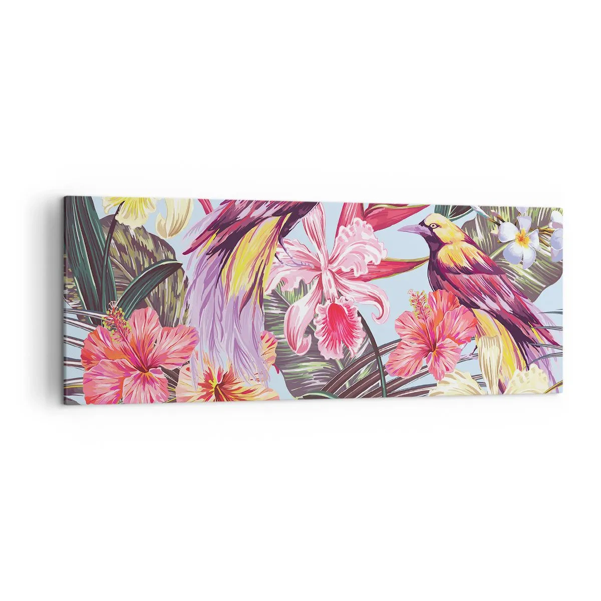 Bild auf Leinwand - Leinwandbild - Exotische Vögel zwischen tropischen Blumen - 140x50cm - Blütenblätter und Federn - Moderne Wanddekoration für Wohnzimmer und Schlafzimmer ARTTOR