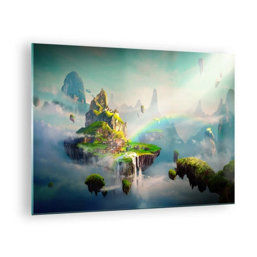 Glasbild - Bild auf glas - Fliegende Inseln in den Wolken mit Regenbögen und Wasserfällen - 70x50cm - Mitten am Himmel - glückliche Inseln - Moderne Wanddekoration für Wohnzimmer und Schlafzimmer ARTTOR