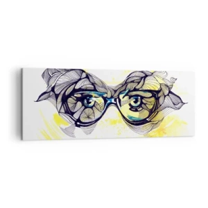 Bild auf Leinwand - Leinwandbild - Künstlerische Grafik einer Brille mit ausdrucksstarken Augen - 140x50cm - Durch blaue Brille - Moderne Wanddekoration für Wohnzimmer und Schlafzimmer ARTTOR