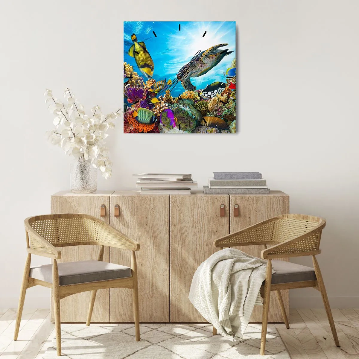 Wanduhr - Glasuhr - Unterwasserwelt mit bunten Fischen und einer Schildkröte in den Korallen - 30x30cm - Korallenpromenade - Moderne Wanddekoration für Wohnzimmer und Schlafzimmer ARTTOR