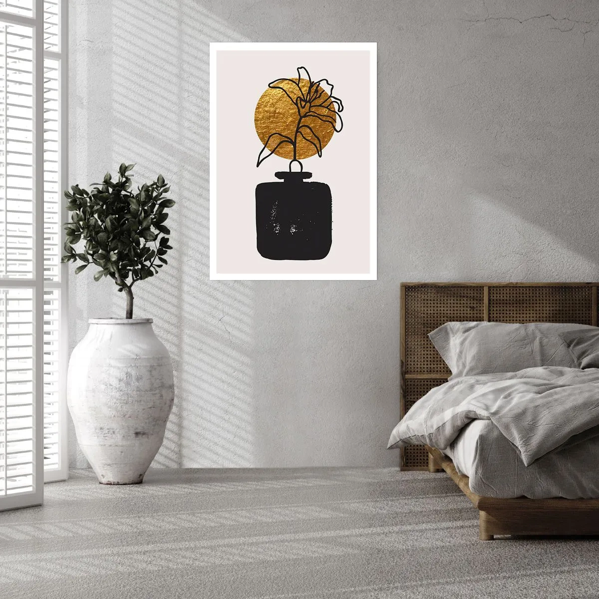 Poster - Abstrakte Komposition mit einer Blume und einem goldenen Kreis - 50x70cm - Schönheit ist Gold wert - Moderne Wanddekoration für Wohnzimmer und Schlafzimmer ARTTOR