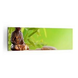 Bild auf Leinwand - Leinwandbild - Buddha-Figur mit Steinen und einer Kerze vor Bambus-Hintergrund - 160x50cm - Das Leben ist wunderschoen - Moderne Wanddekoration für Wohnzimmer und Schlafzimmer ARTTOR