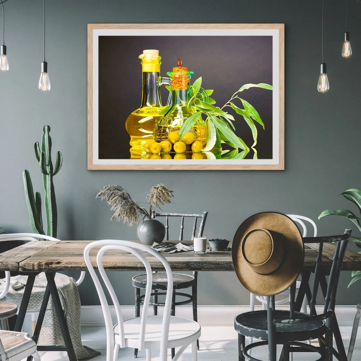 Poster in einem Rahmen aus heller Eiche - Stillleben mit Oliven und Olivenöl - 100x70 cm