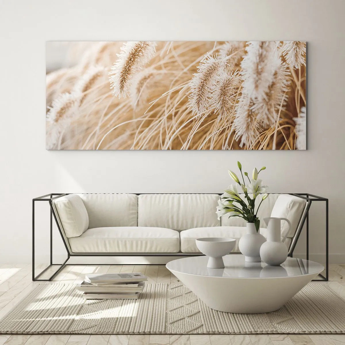 Glasbild - Bild auf glas - Nahaufnahme von goldenen, zarten Gräsern im Sonnenlicht - 120x50cm - Das goldene Rauschen des Grases - Moderne Wanddekoration für Wohnzimmer und Schlafzimmer ARTTOR