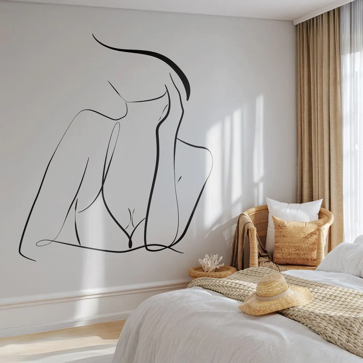 Fototapete Premium Sand - Eine minimalistische Linie einer weiblichen Silhouette vor einem hellen Hintergrund - 100x70cm - Auf der Traumwelle - Moderne Wanddekoration für Wohnzimmer und Schlafzimmer ARTTOR