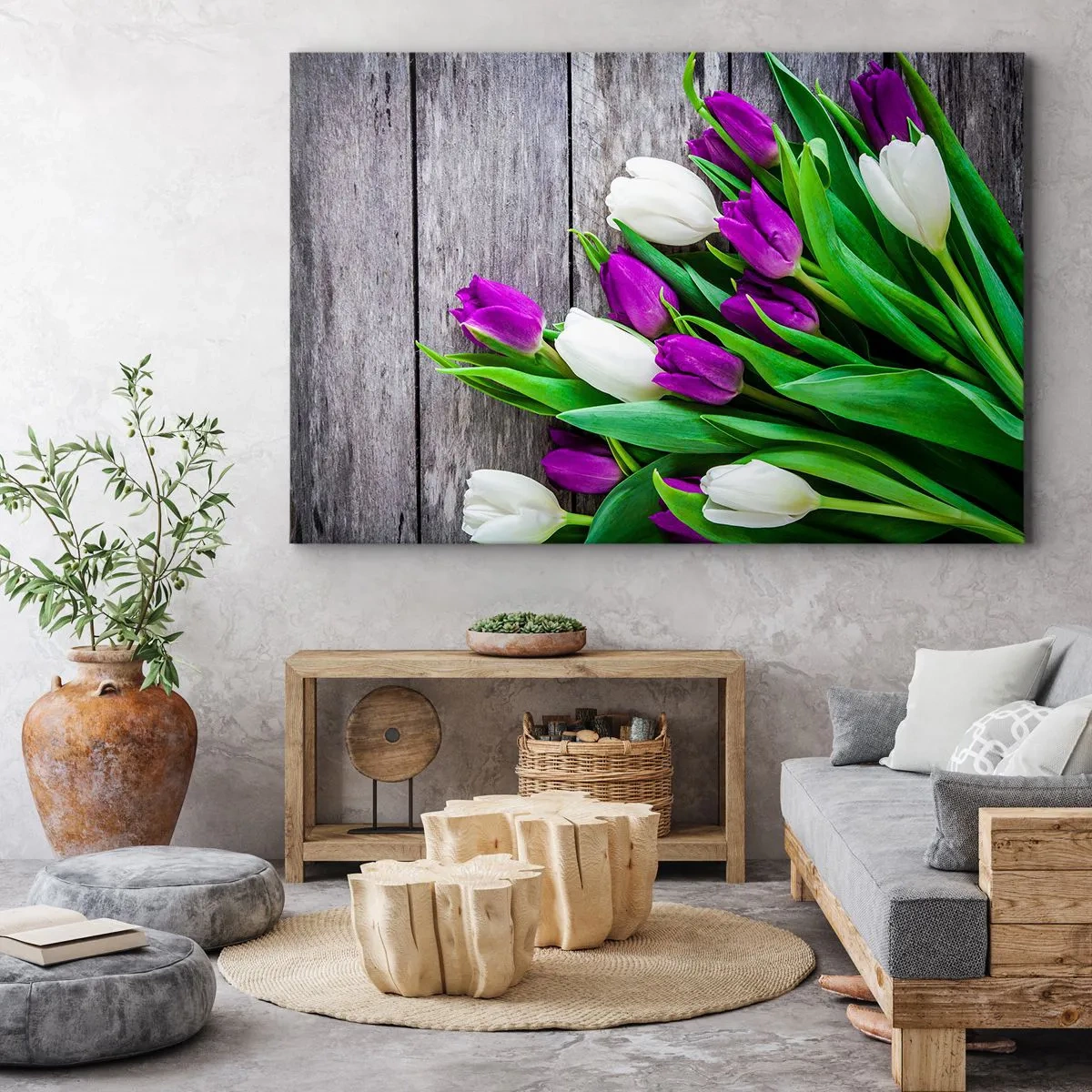Bild auf Leinwand - Leinwandbild - Ein Strauß lila und weißer Tulpen auf einem hölzernen Hintergrund - 120x80cm - Am Tag der Frühlingsferien - Moderne Wanddekoration für Wohnzimmer und Schlafzimmer ARTTOR