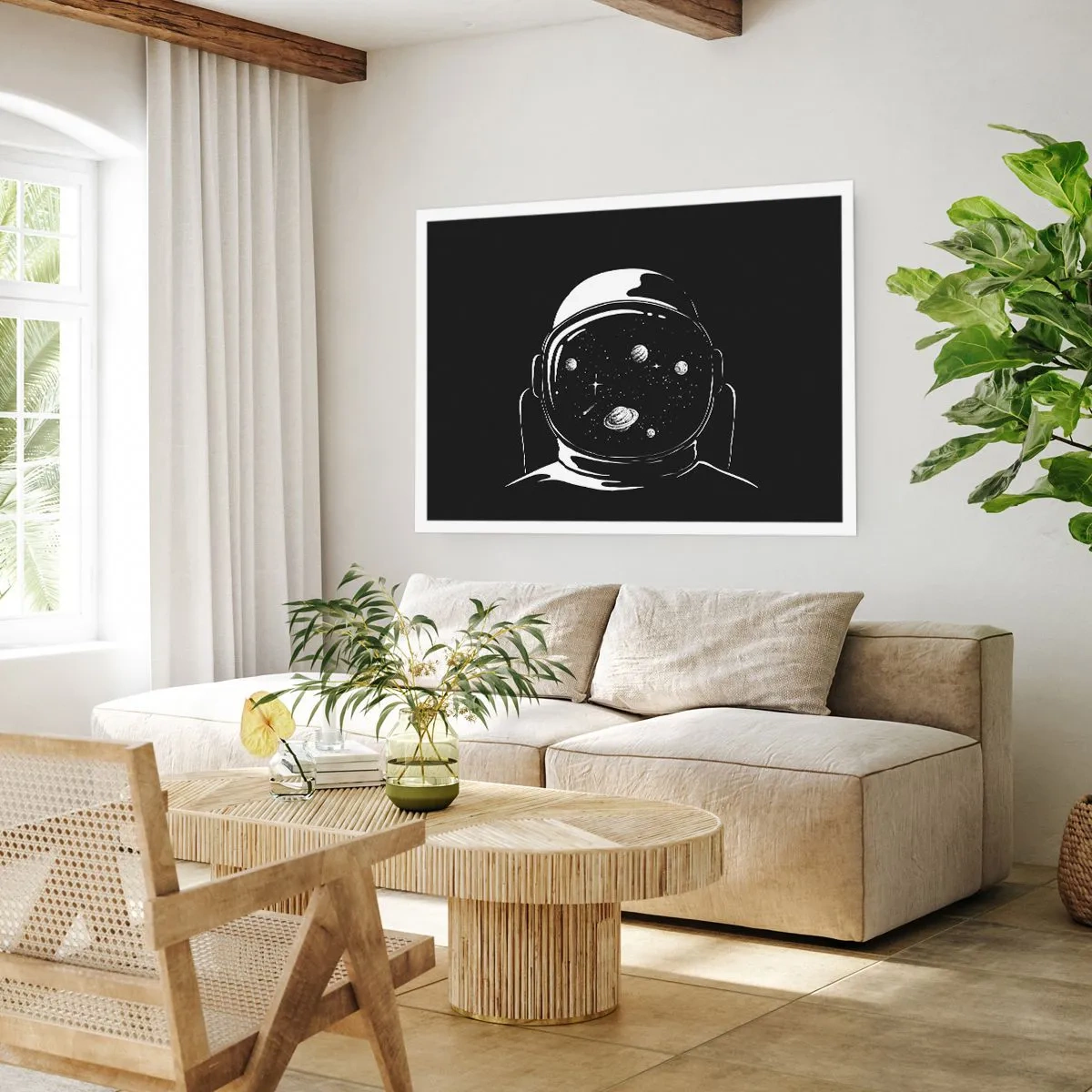 Poster - Ein minimalistischer Astronautenhelm mit Blick ins Weltall - 100x70cm - Schöne Aussicht - Moderne Wanddekoration für Wohnzimmer und Schlafzimmer ARTTOR