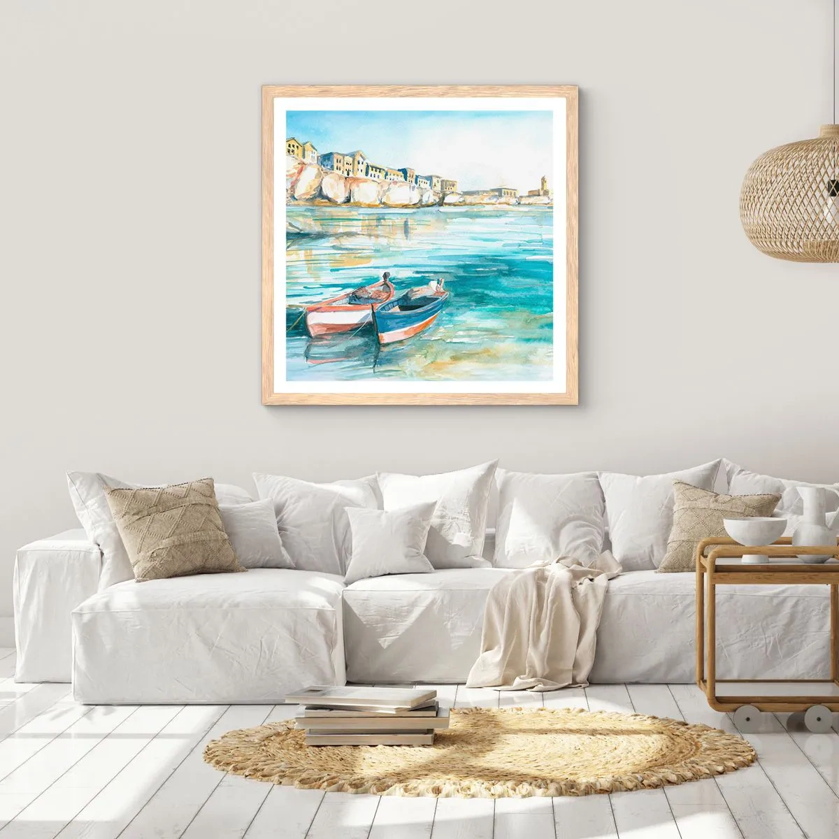 Poster in einem Rahmen aus heller Eiche - Landschaft in Azurblau - 60x60 cm