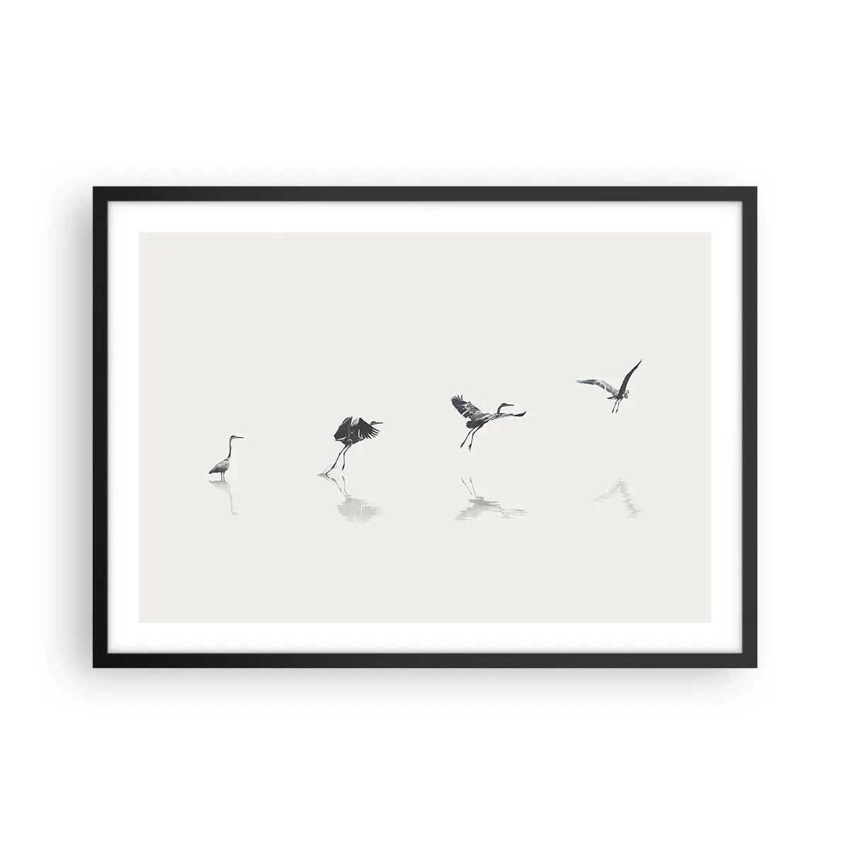 Poster in einem schwarzem Rahmen - Vier Vogelsilhouetten spiegeln sich im ruhigen Wasser - 70x50cm - Vier einfache Schritte - Moderne Wanddekoration für Wohnzimmer und Schlafzimmer ARTTOR