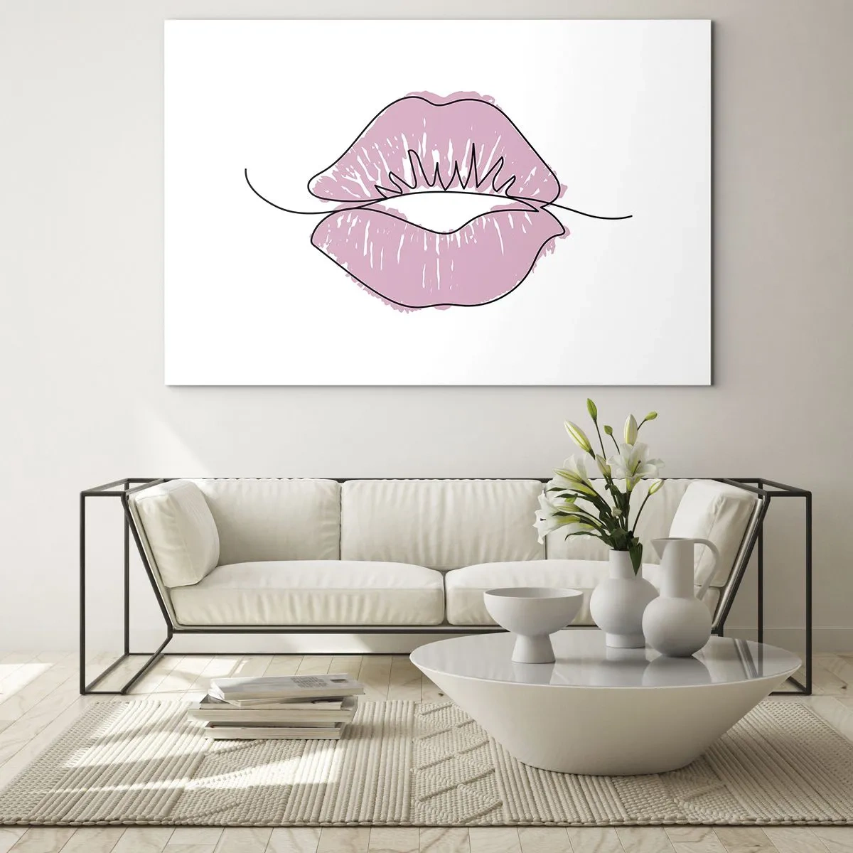 Glasbild - Bild auf glas - Abstraktes Bild von Lippen in Rosa- und Schwarztönen - 70x50cm - Bereit zum Küssen? - Moderne Wanddekoration für Wohnzimmer und Schlafzimmer ARTTOR