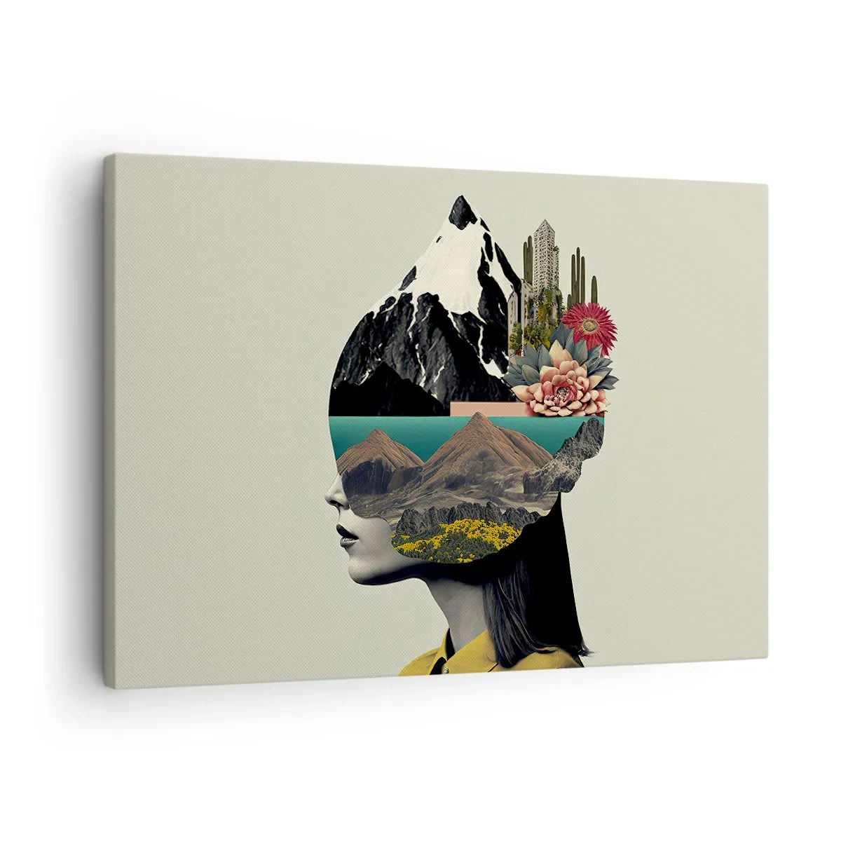 Bild auf Leinwand - Leinwandbild - Collage einer Frau mit Berglandschaft und Blumen - 70x50cm - Frau – bleibt immer ein Geheimnis - Moderne Wanddekoration für Wohnzimmer und Schlafzimmer ARTTOR