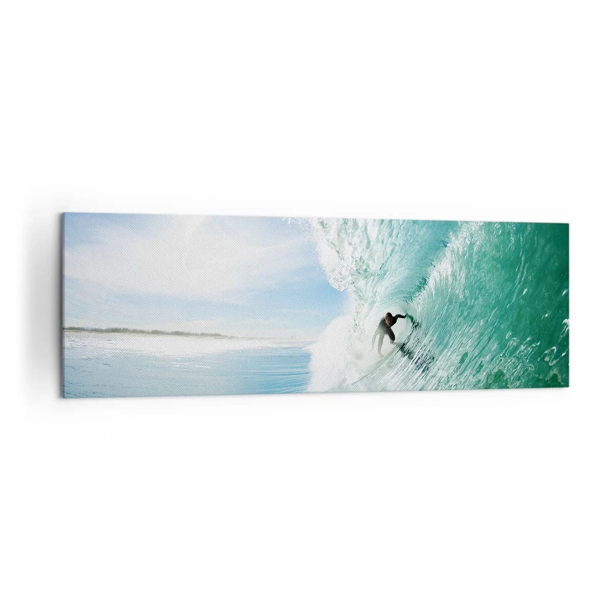 Bild auf Leinwand - Leinwandbild - Ein Surfer reitet eine Welle im Sonnenlicht vor blauem Himmel - 160x50cm - Immer Top - Moderne Wanddekoration für Wohnzimmer und Schlafzimmer ARTTOR
