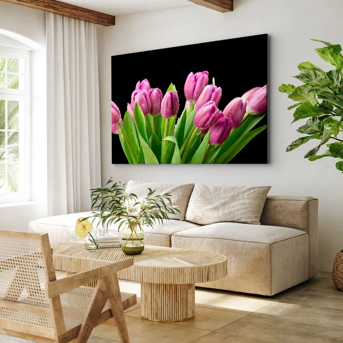 Bild auf Leinwand - Leinwandbild - Rosa Tulpen mit Tautropfen auf schwarzem Hintergrund - 120x80cm - Lila Frühlingsfreude - Moderne Wanddekoration für Wohnzimmer und Schlafzimmer ARTTOR