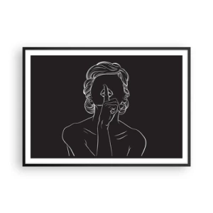 Poster in einem schwarzem Rahmen - Minimalistische Silhouette einer Frau auf schwarzem Hintergrund - 100x70cm - Schönheit erblüht in der Stille - Moderne Wanddekoration für Wohnzimmer und Schlafzimmer ARTTOR