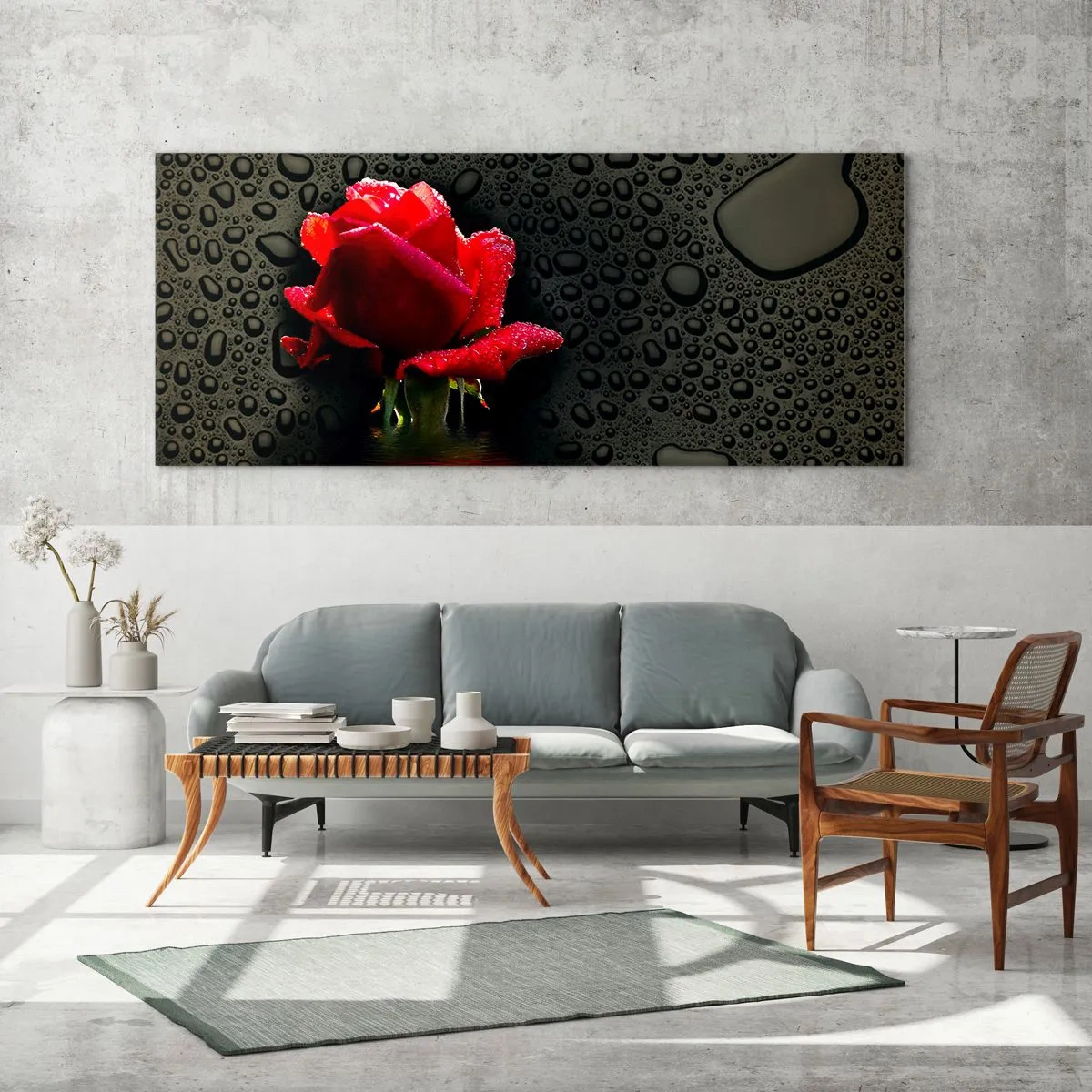 Glasbild - Bild auf glas - Rote Rose mit Wassertropfen auf dunklem Hintergrund - 120x50cm - rot und Schwarz - Moderne Wanddekoration für Wohnzimmer und Schlafzimmer ARTTOR