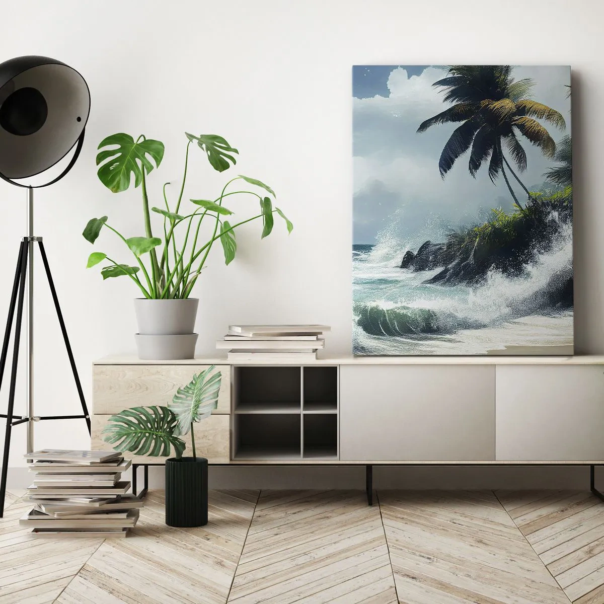 Bild auf Leinwand - Leinwandbild - Tropische Küste mit Palmen und rauer See - 50x70cm - Am tropischen Ufer - Moderne Wanddekoration für Wohnzimmer und Schlafzimmer ARTTOR