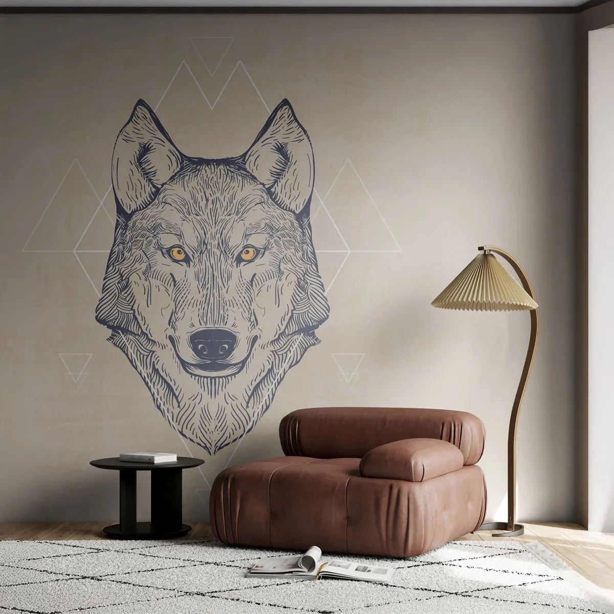 Fototapete Premium Sand - Geometrische Darstellung eines Wolfes auf beigem Hintergrund - 100x70cm - Ein Alpha mit durchdringendem Blick - Moderne Wanddekoration für Wohnzimmer und Schlafzimmer ARTTOR
