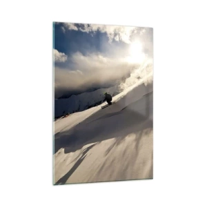 Glasbild - Bild auf glas - Ein Skifahrer auf einer Piste, umgeben von Bergen und Schnee - 80x120cm - Bergherausforderung angenommen - Moderne Wanddekoration für Wohnzimmer und Schlafzimmer ARTTOR