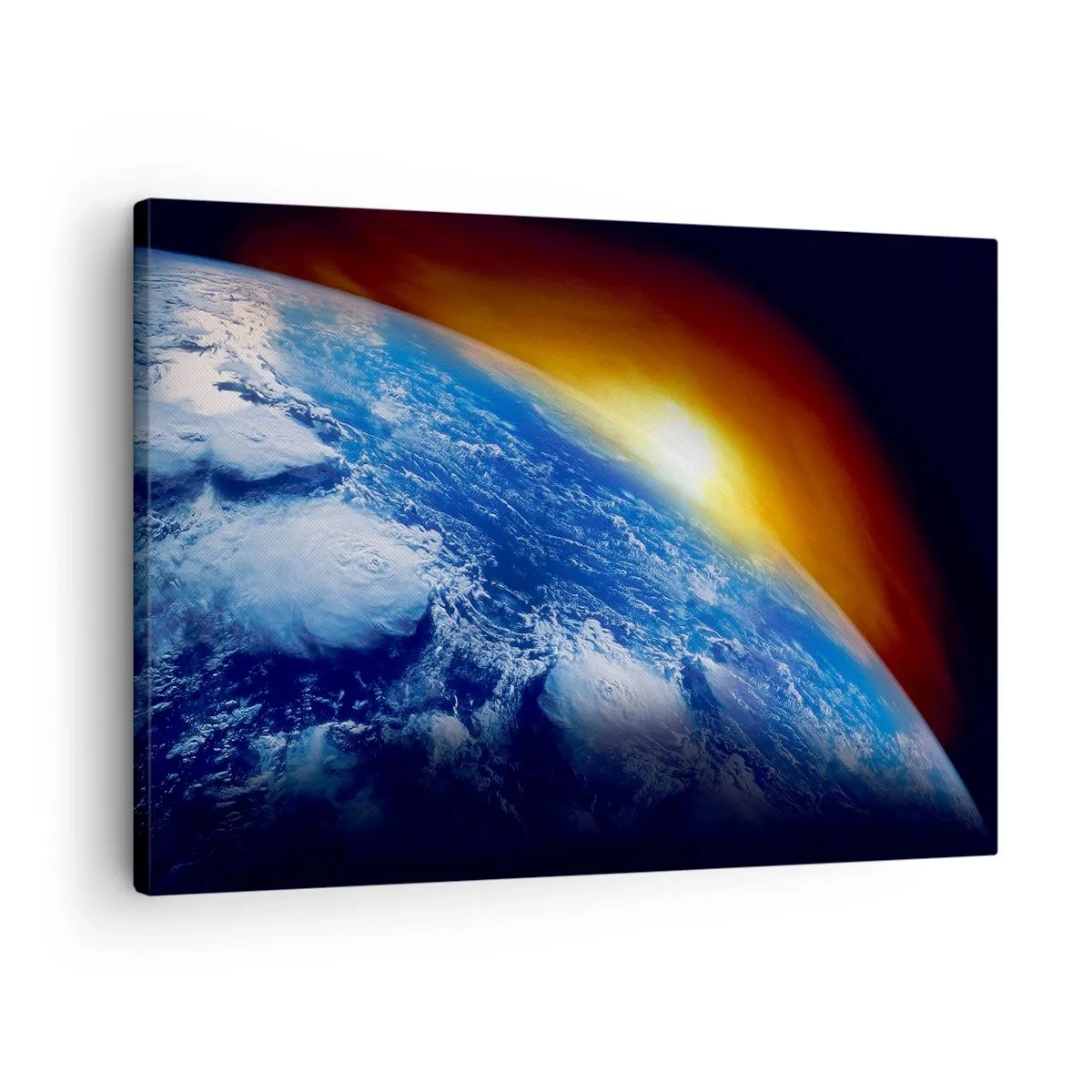 Bild auf Leinwand - Leinwandbild - Blick auf die Erde aus dem Weltraum bei Sonnenuntergang - 70x50cm - Sonnenaufgang über dem blauen Planeten - Moderne Wanddekoration für Wohnzimmer und Schlafzimmer ARTTOR