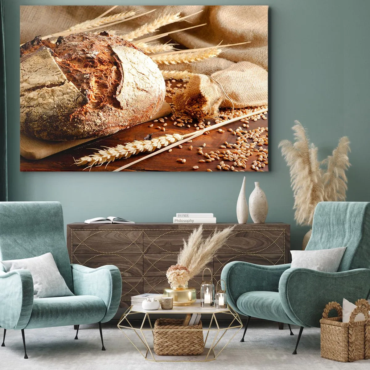 Bild auf Leinwand - Leinwandbild - Knuspriges Brot mit Körnern und Weizenähren auf Holzhintergrund - 100x70cm - Appetitanregend, duftend, knackig - Moderne Wanddekoration für Wohnzimmer und Schlafzimmer ARTTOR