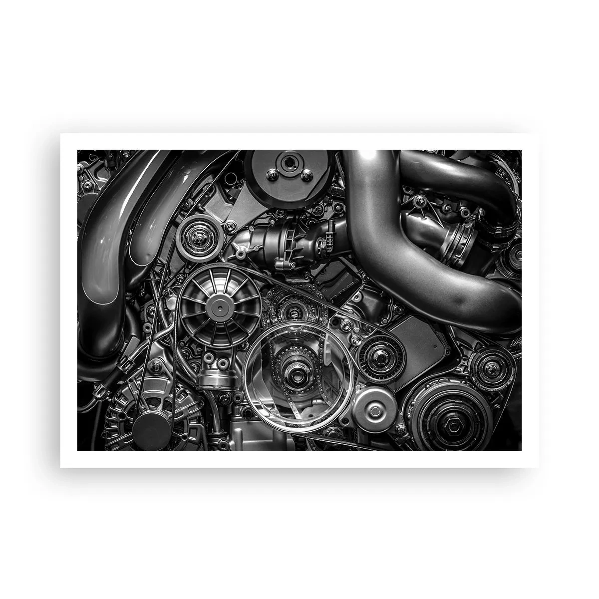 Poster - Schwarz-Weiß-Nahaufnahme der mechanischen Details eines Automotors. - 100x70cm - Die Poesie der Mechanik - Moderne Wanddekoration für Wohnzimmer und Schlafzimmer ARTTOR