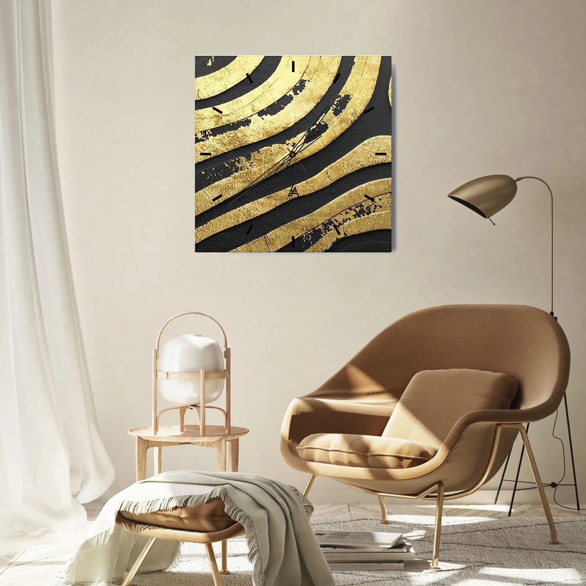 Wanduhr - Glasuhr - Goldene abstrakte Wellen auf schwarzem Hintergrund - 30x30cm - Alles fließt - Moderne Wanddekoration für Wohnzimmer und Schlafzimmer ARTTOR