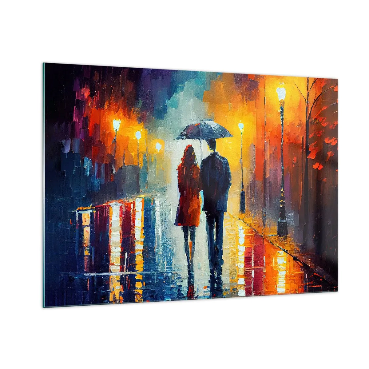 Glasbild - Bild auf glas - Ein Paar unter einem Regenschirm auf einer farbenfrohen Nachtstraße im Regen. - 100x70cm - Gemeinsam – eine bunte Nacht - Moderne Wanddekoration für Wohnzimmer und Schlafzimmer ARTTOR