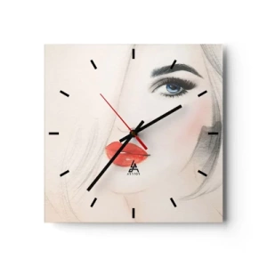 Wanduhr - Glasuhr - Ein minimalistisches Porträt einer Frau mit blauen Augen und roten Lippen. - 30x30cm - Es hypnotisiert und berauscht - Moderne Wanddekoration für Wohnzimmer und Schlafzimmer ARTTOR