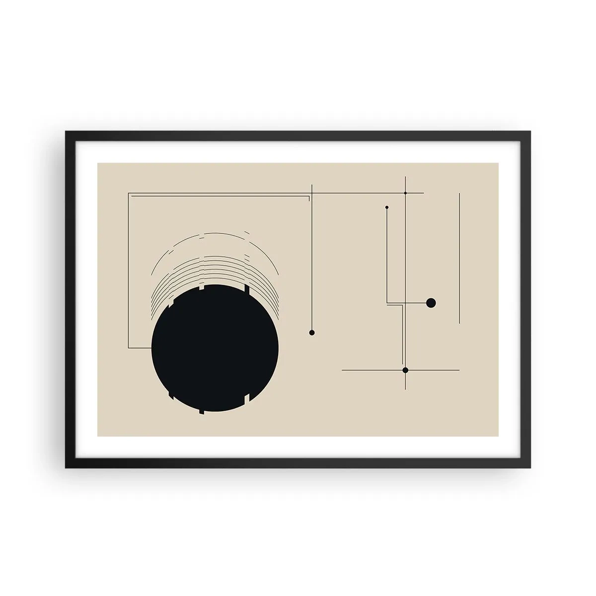 Poster in einem schwarzem Rahmen - Schwarze geometrische Linien und ein Kreis auf beigem Hintergrund - 70x50cm - Flexible und dynamische Komposition - Moderne Wanddekoration für Wohnzimmer und Schlafzimmer ARTTOR