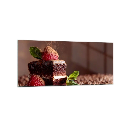 Glasbild - Bild auf glas - Schokoladenkuchen mit Himbeeren und Minze auf einem Hintergrund aus Kakaobohnen - 120x50cm - Das Leben ist süß - Moderne Wanddekoration für Wohnzimmer und Schlafzimmer ARTTOR