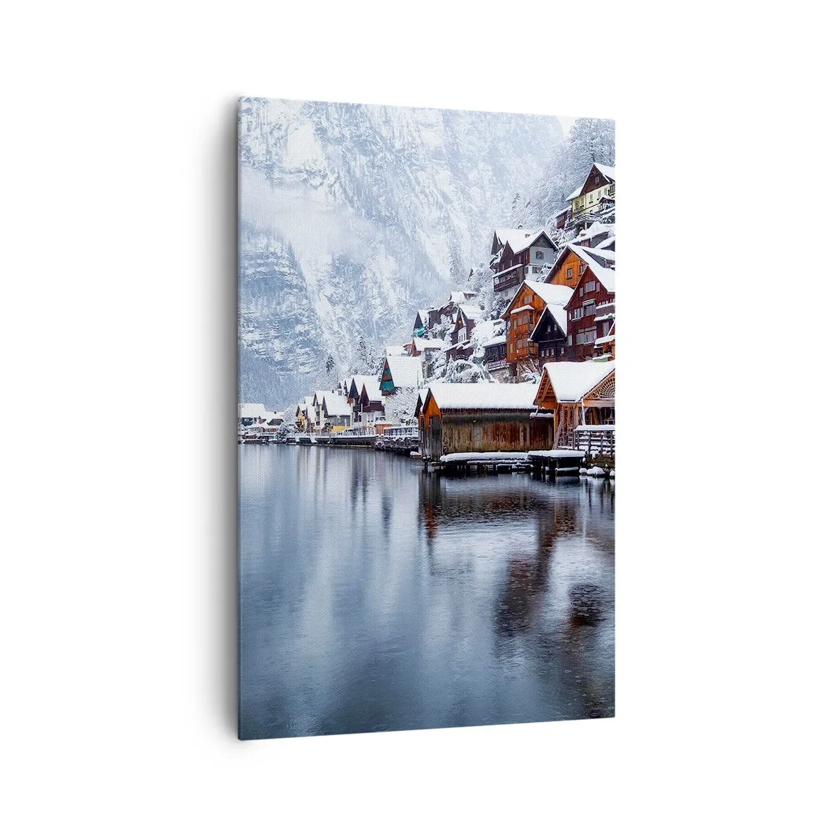 Bild auf Leinwand - Leinwandbild - Winteransicht eines Bergdorfes am See - 80x120cm - In winterlicher Dekoration - Moderne Wanddekoration für Wohnzimmer und Schlafzimmer ARTTOR