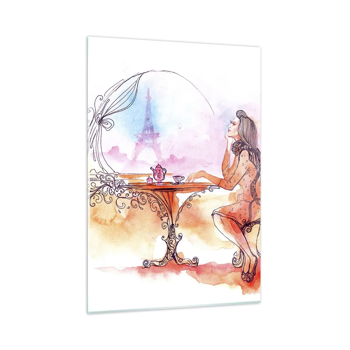Glasbild - Bild auf glas - Eine Frau an einem Tisch mit Blick auf den Eiffelturm in Pastelltönen - 50x70cm - Pariser Chic - Moderne Wanddekoration für Wohnzimmer und Schlafzimmer ARTTOR