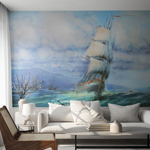 Fototapete Standard Eco - Ein Segelschiff auf stürmischer See zwischen den Wolken - 100x70cm - Guter Wind - Moderne Wanddekoration für Wohnzimmer und Schlafzimmer ARTTOR