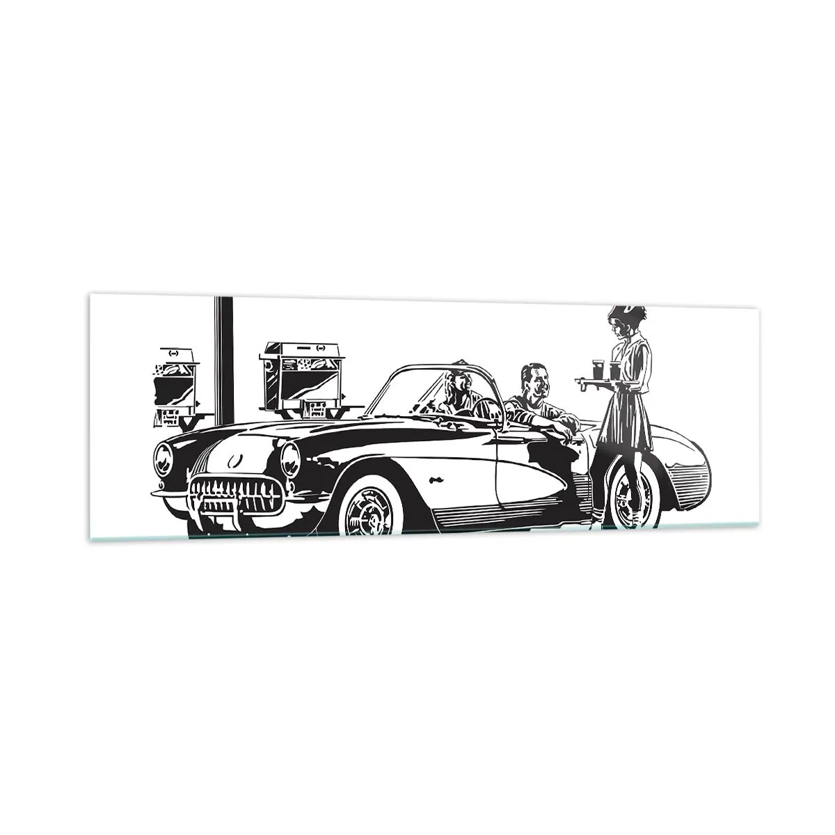 Glasbild - Bild auf glas - Eine schwarz-weiße Retro-Szene mit einem Auto und einer Kellnerin auf Rollschuhen. - 160x50cm - 60. - unbeschwertes Amerika - Moderne Wanddekoration für Wohnzimmer und Schlafzimmer ARTTOR