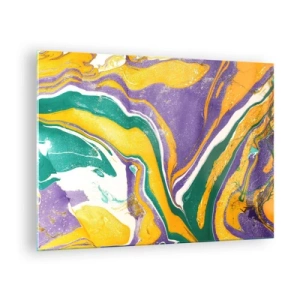 Glasbild - Bild auf glas - Abstraktes Wellenmuster in Gelb, Lila und Grün - 70x50cm - Farbwellen - Moderne Wanddekoration für Wohnzimmer und Schlafzimmer ARTTOR