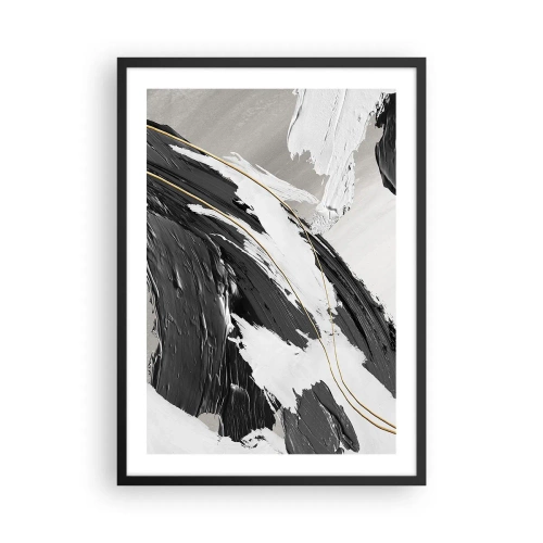 Poster in einem schwarzem Rahmen - Abstrakte Pinselstriche in Schwarz, Weiß und Gold - 50x70cm - Abstraktion in großem Stil - Moderne Wanddekoration für Wohnzimmer und Schlafzimmer ARTTOR