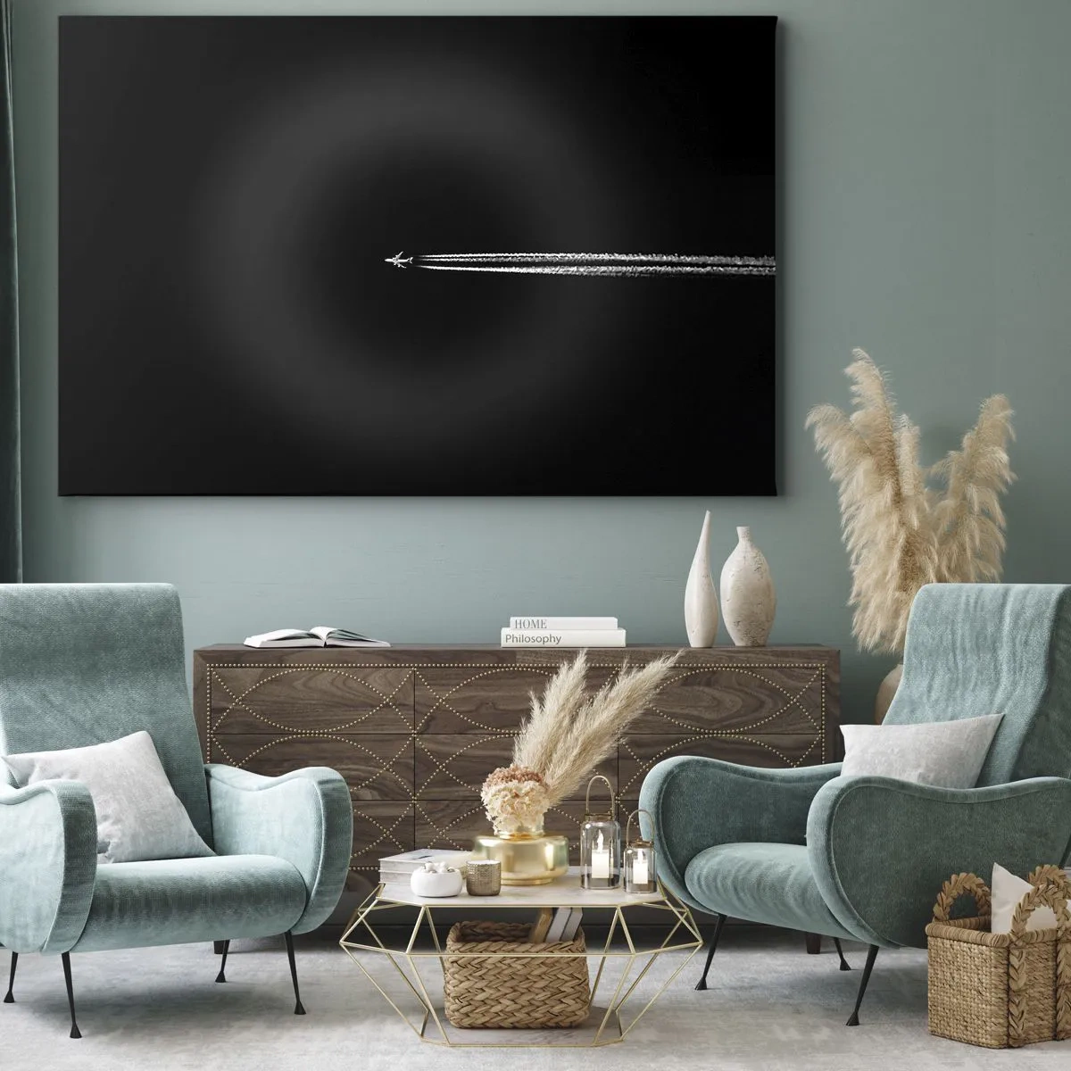 Bild auf Leinwand - Leinwandbild - Ein Düsenflugzeug mit sichtbarem Kondensstreifen auf schwarzem Hintergrund - 120x80cm - In eine andere Dimension - Moderne Wanddekoration für Wohnzimmer und Schlafzimmer ARTTOR