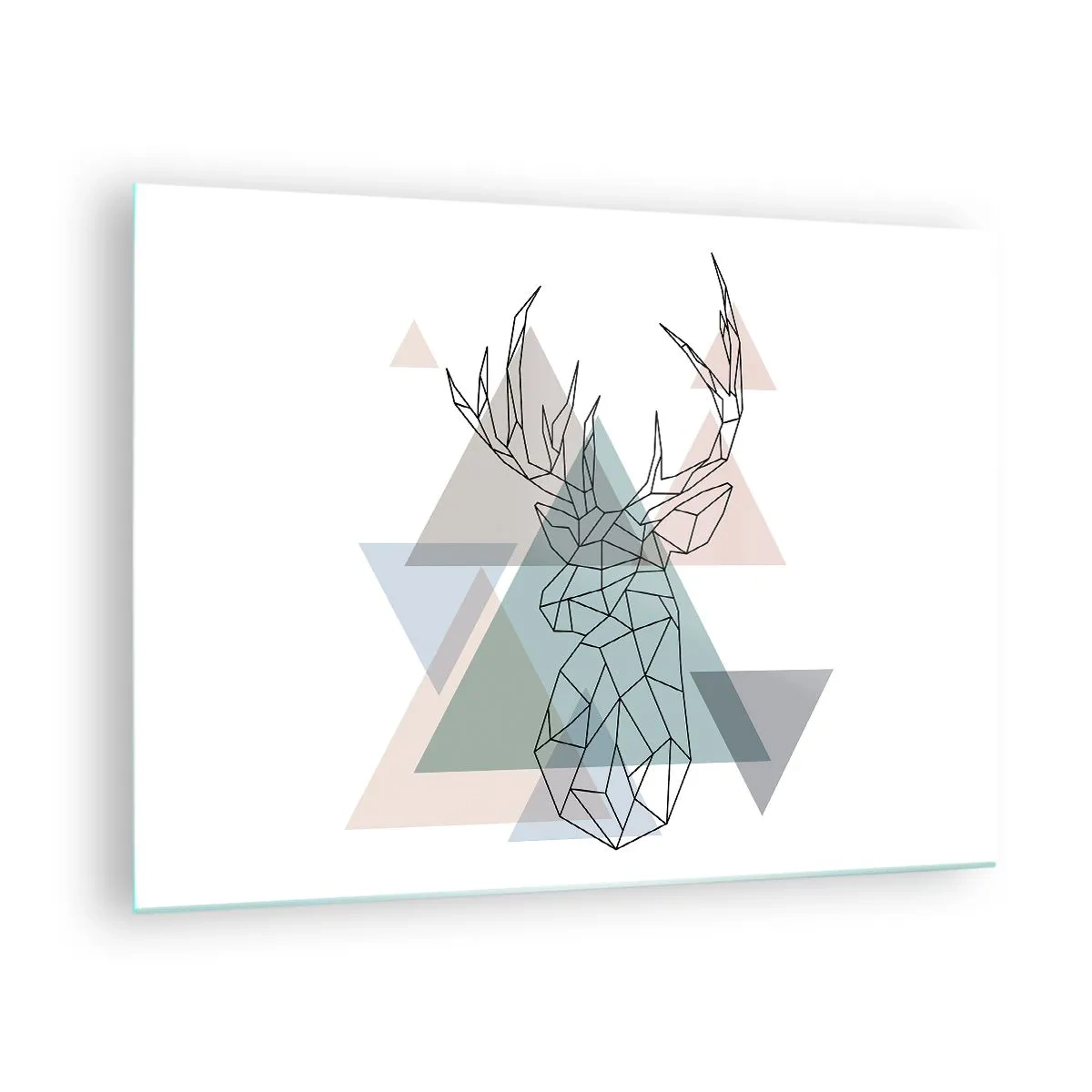 Glasbild - Bild auf glas - Geometrische Zeichnung eines Hirsches vor einem Hintergrund aus pastellfarbenen Dreiecken - 70x50cm - In einem geometrischen Wald - Moderne Wanddekoration für Wohnzimmer und Schlafzimmer ARTTOR