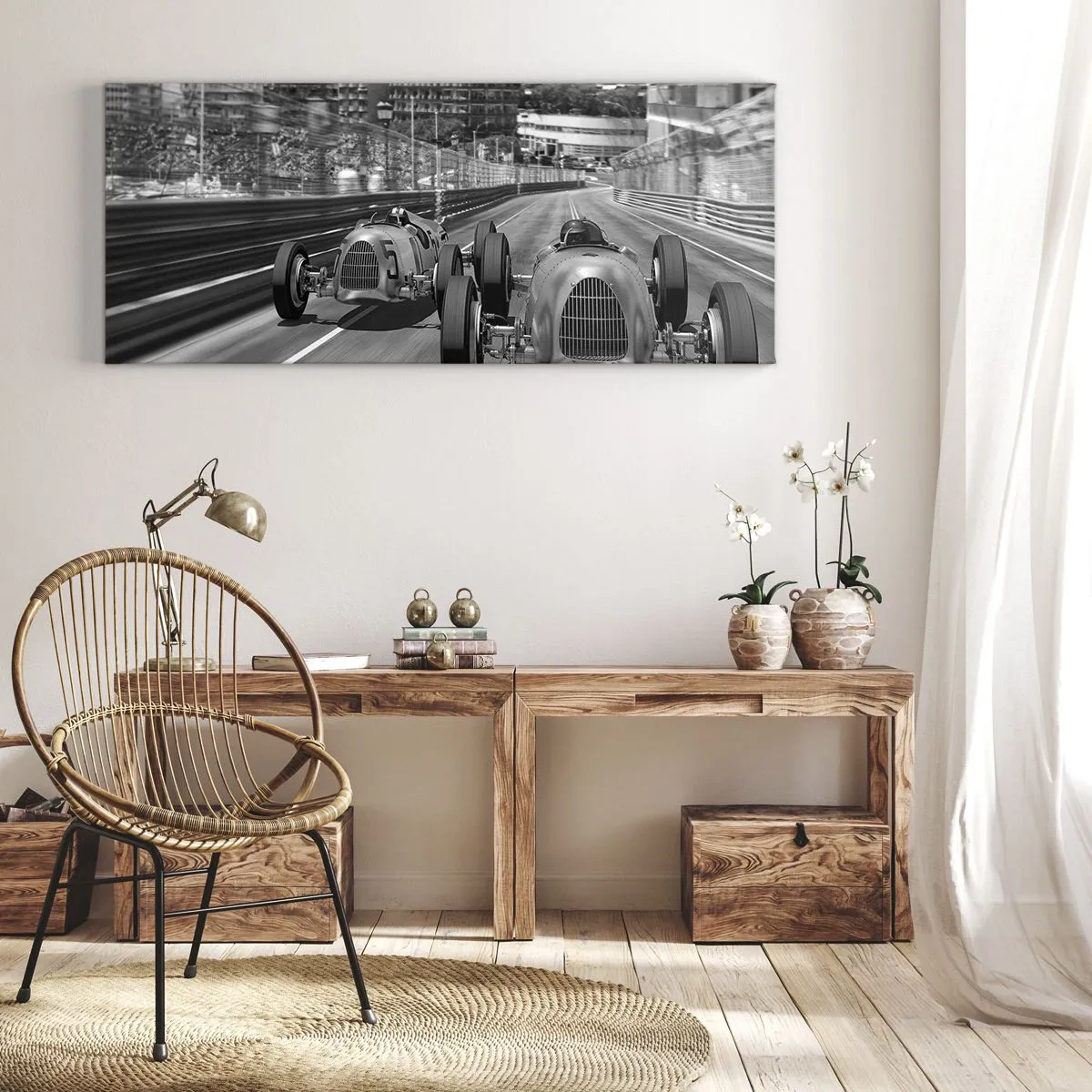 Bild auf Leinwand - Leinwandbild - Monochrome Retro-Autorennen-Szene - 160x50cm - Vor langer Zeit in Monte Carlo - Moderne Wanddekoration für Wohnzimmer und Schlafzimmer ARTTOR