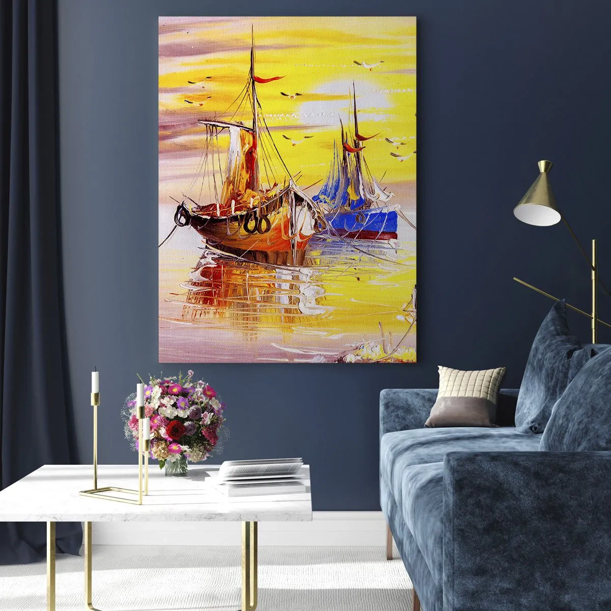 Glasbild - Bild auf glas - Fischerboote bei Sonnenuntergang auf ruhigem Wasser - 50x70cm - Eine wohlverdiente Pause im Hafen - Moderne Wanddekoration für Wohnzimmer und Schlafzimmer ARTTOR
