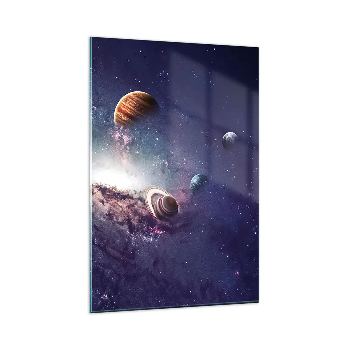 Glasbild - Bild auf glas - Planeten in einer Galaxie mit einem Nebel im Hintergrund - 80x120cm - Solar-Tanz-System - Moderne Wanddekoration für Wohnzimmer und Schlafzimmer ARTTOR
