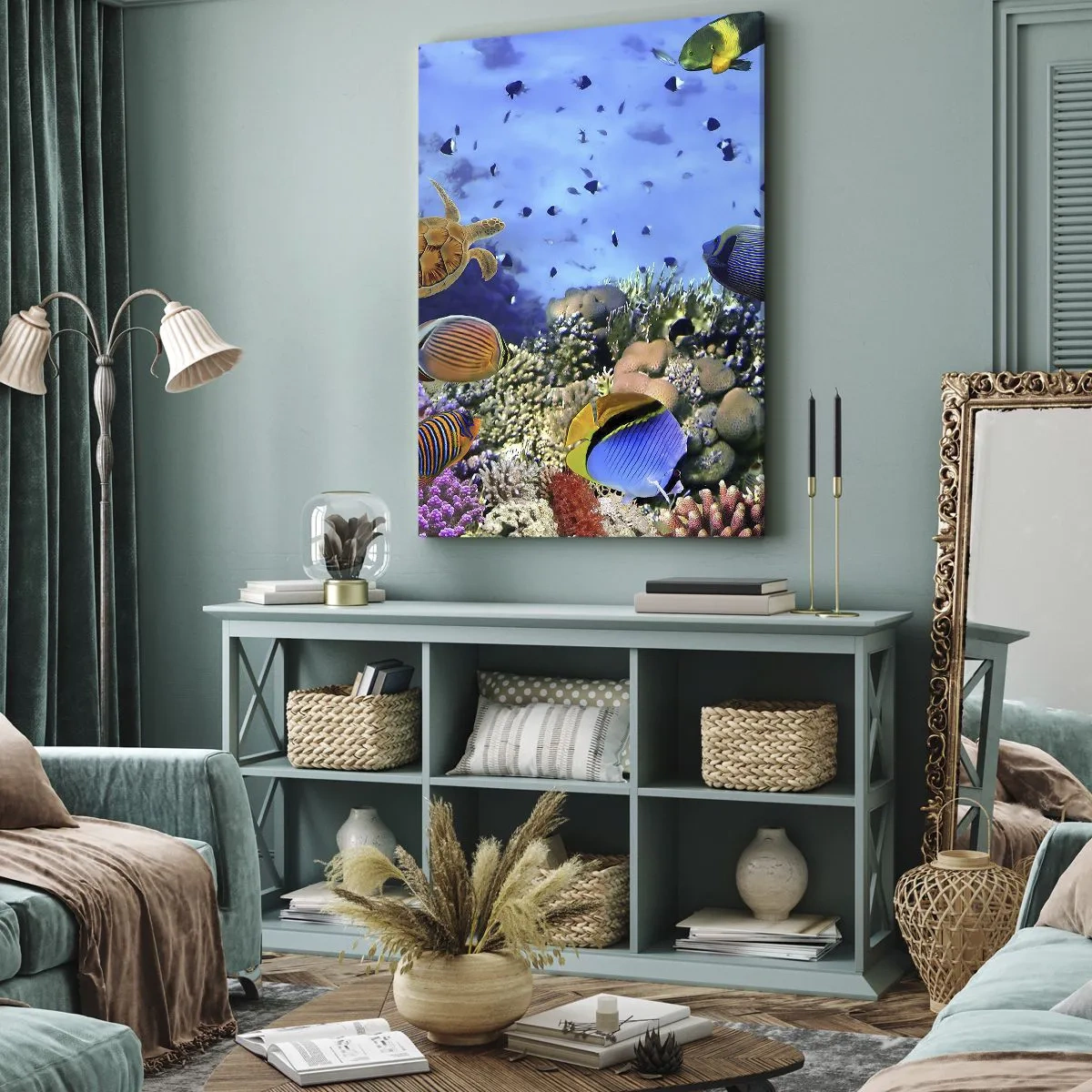 Bild auf Leinwand - Leinwandbild - Korallenriff mit bunten Fischen und einer Meeresschildkröte - 50x70cm - Und was wissen wir über das Leben ... - Moderne Wanddekoration für Wohnzimmer und Schlafzimmer ARTTOR